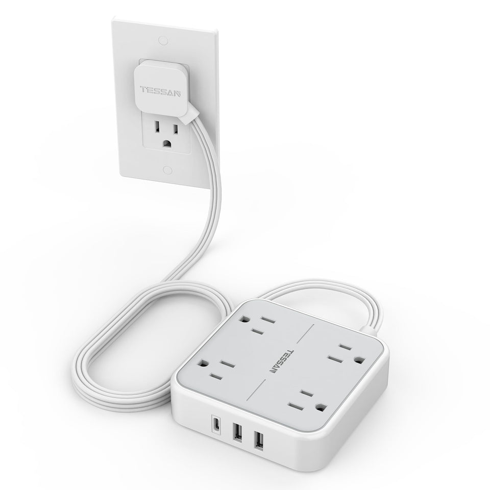 TESSAN surge protector flat extension 5ft grey with surge protection.