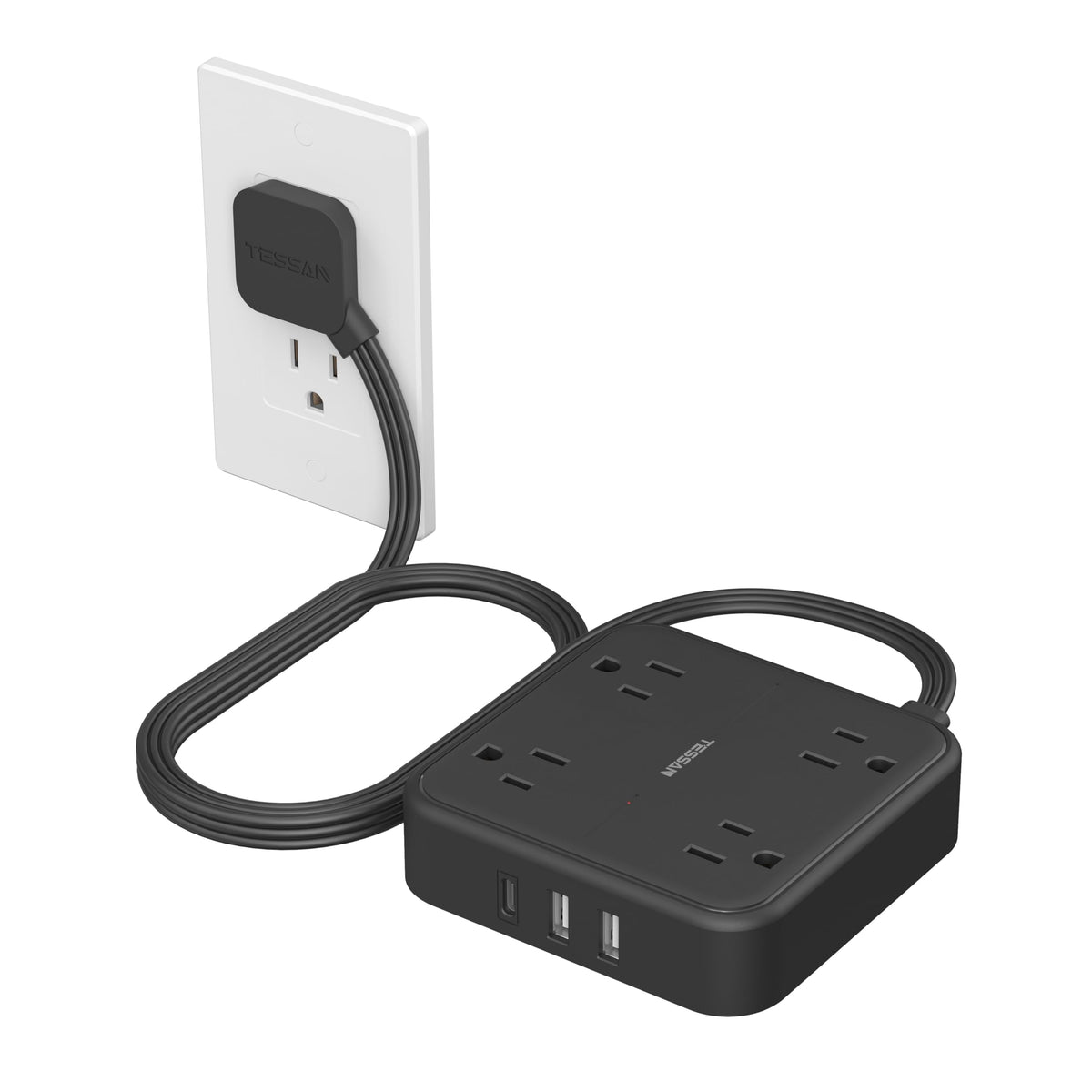 TESSAN surge protector flat extension five feet guards your desk while powering multiple devices