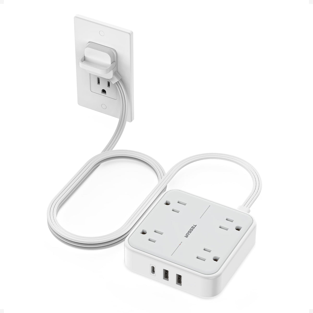 TESSAN surge protector flat extension cord 5ft keeps devices powered safely.