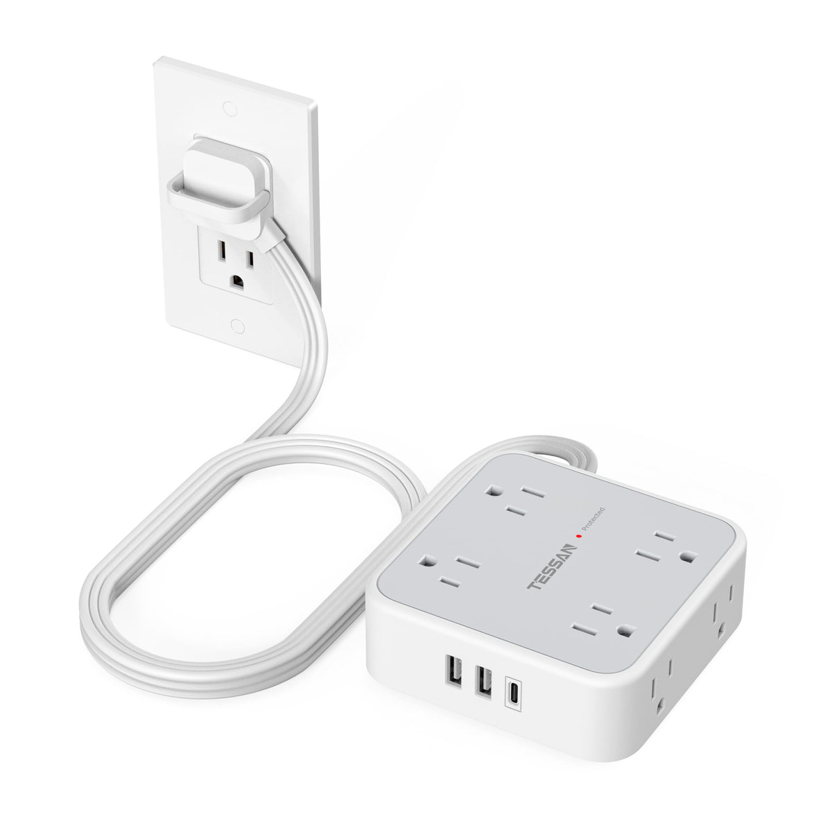 TESSAN surge protector flat plug 5ft reach keeps cords tidy.
