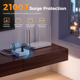 TESSAN surge protector label detail highlighting 2100J protection for electronic safety