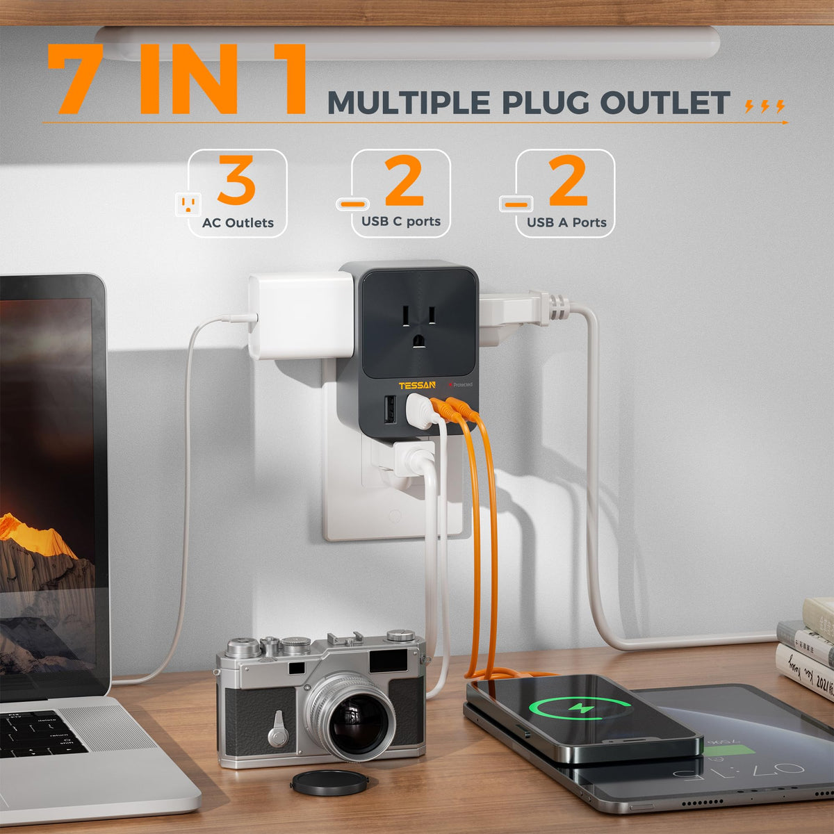 TESSAN surge protector outlet extender shields devices from surges.