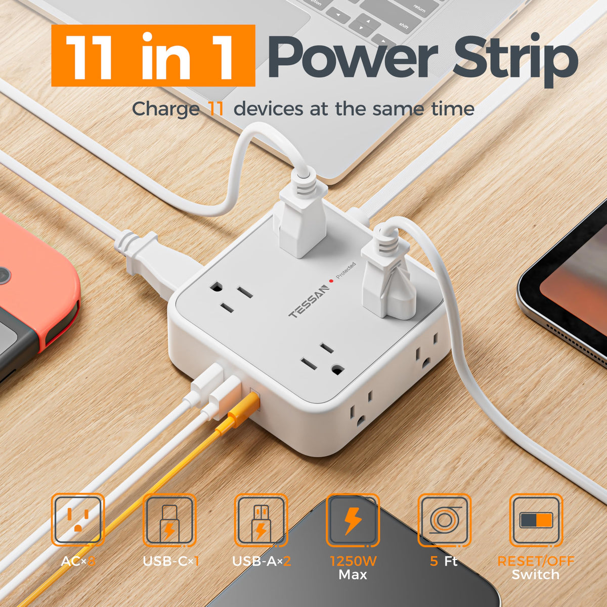 TESSAN surge protector power strip USB-C port for fast charging