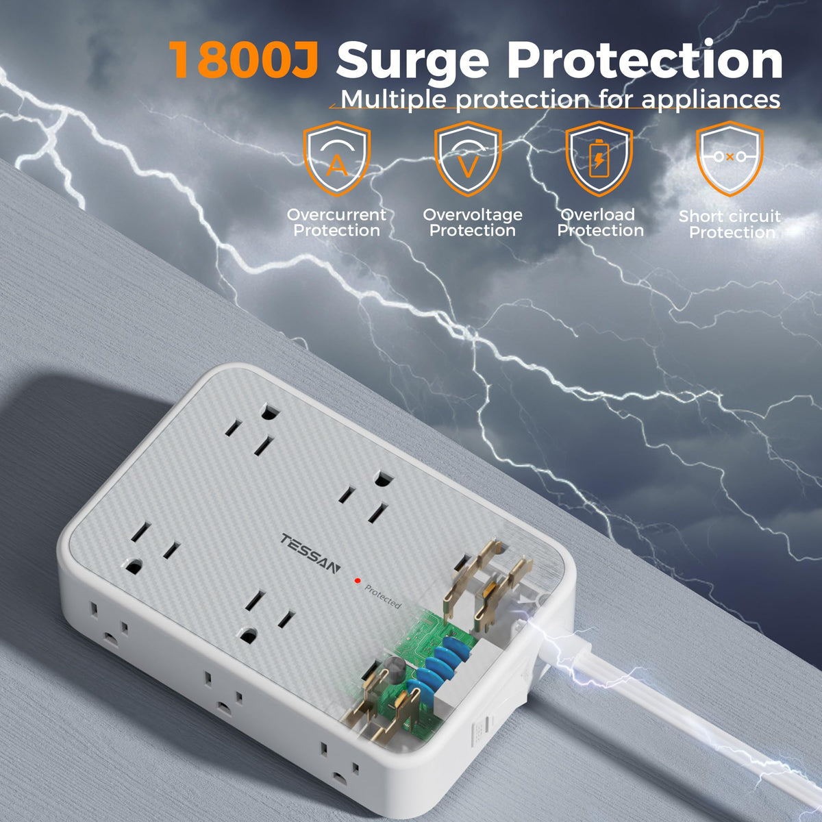 TESSAN surge protector power switch and indicator providing safe operation