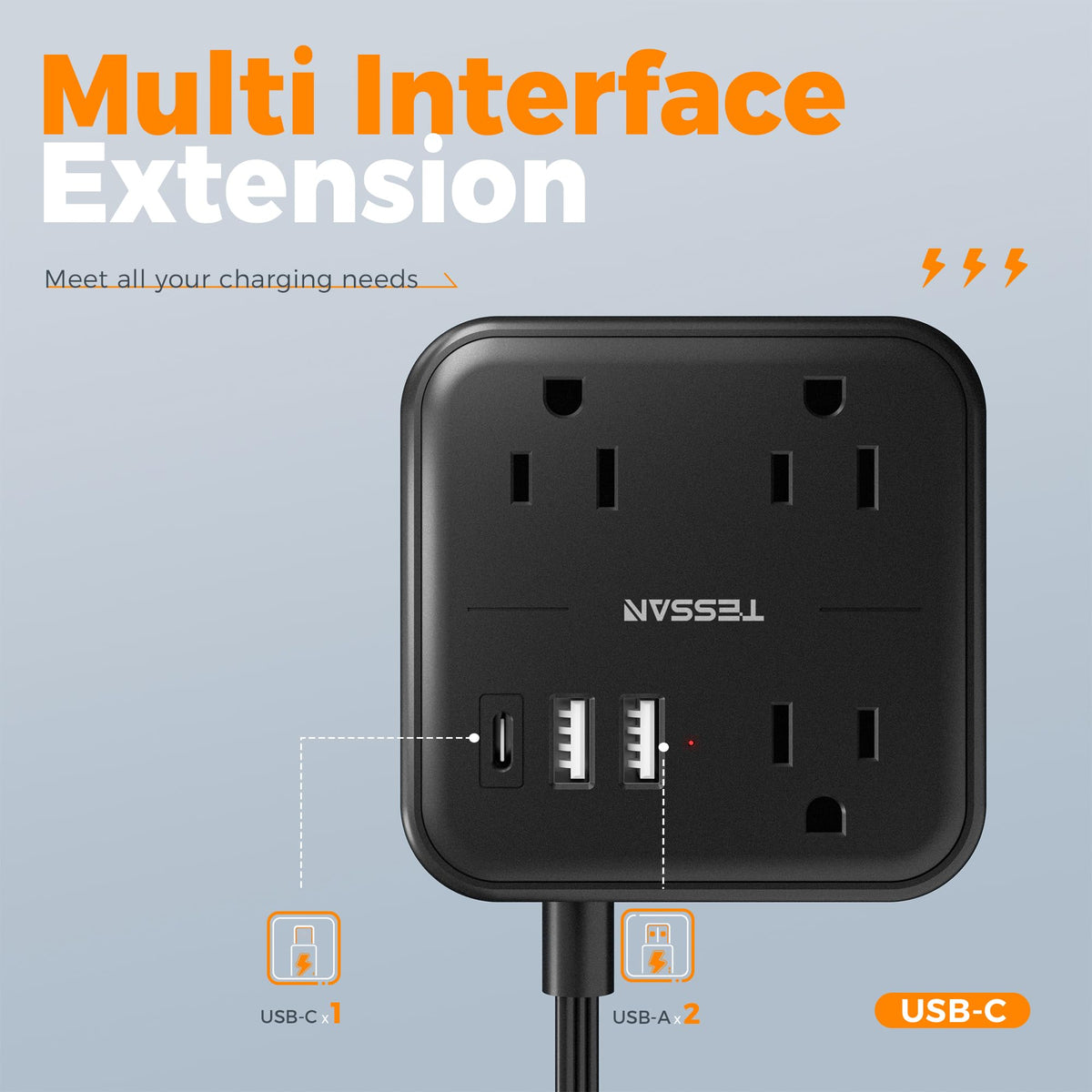 TESSAN USB-A ports detect devices and charge up to 2.4A.