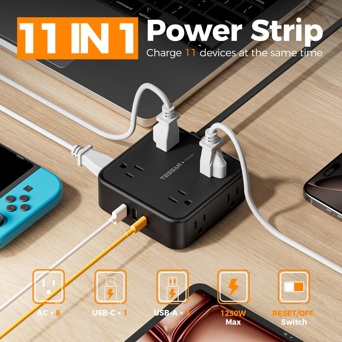 TESSAN three-sided outlet layout preventing blocked sockets while charging