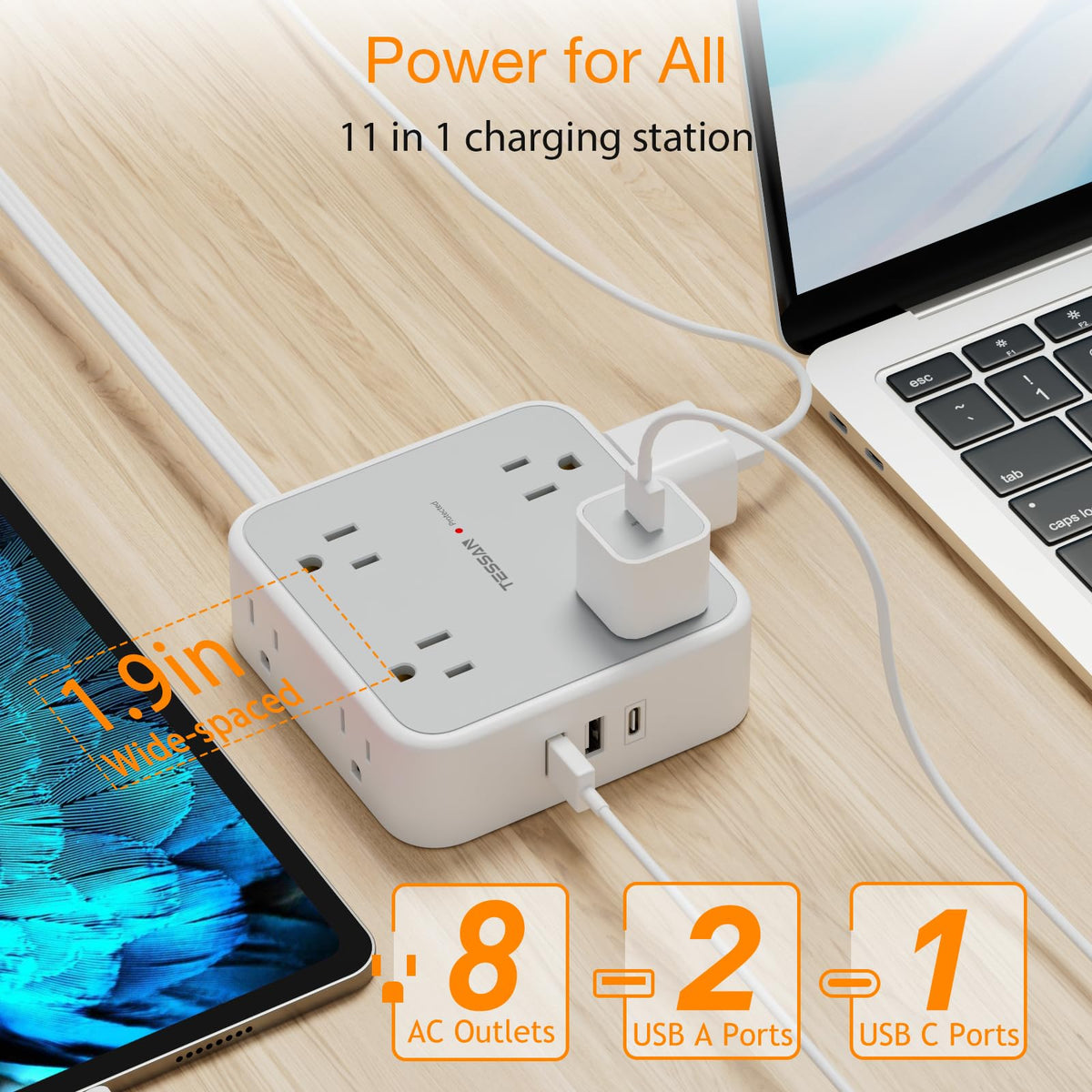 TESSAN three-sided outlet layout preventing bulky adapters from blocking adjacent sockets