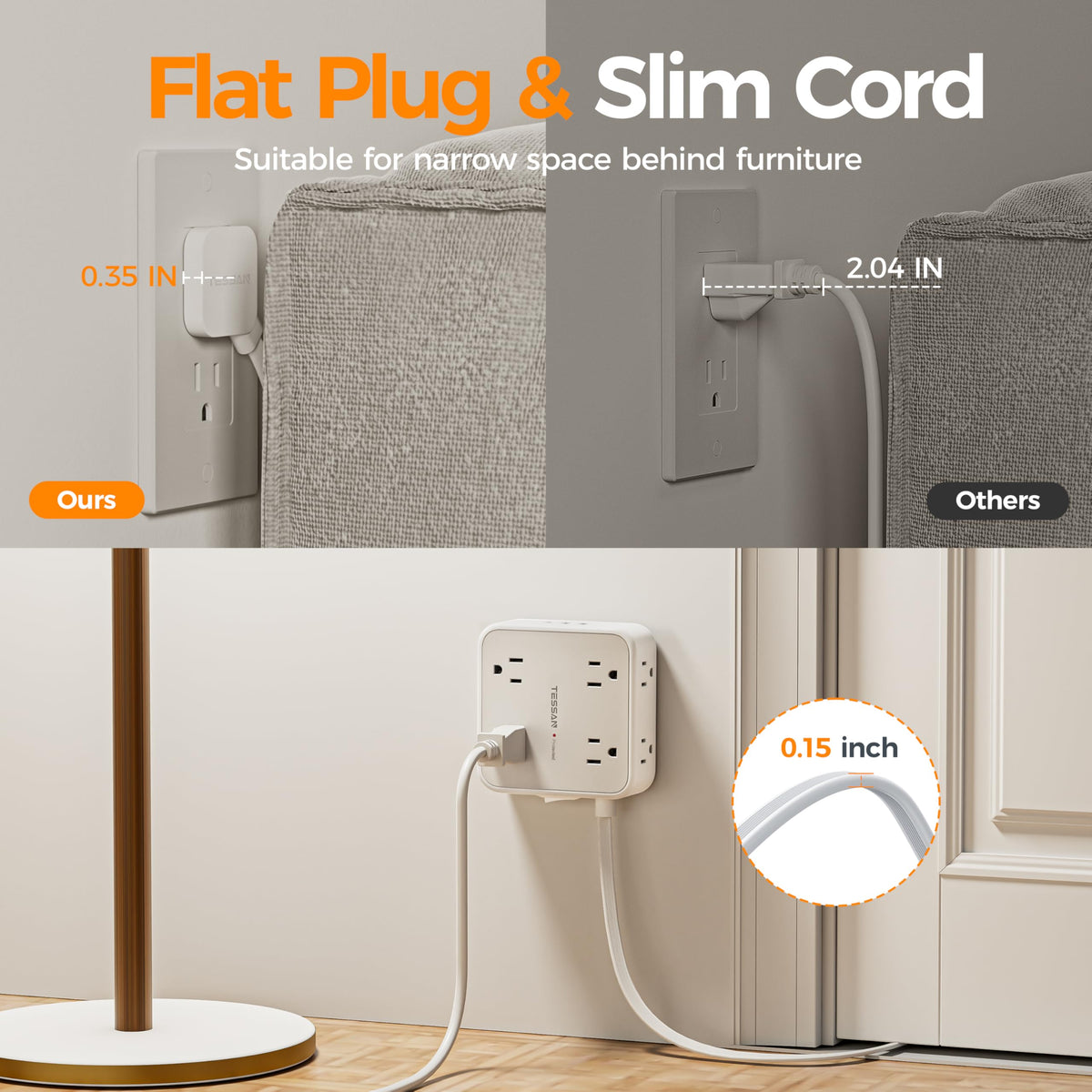 TESSAN three-sided outlets layout accommodating large adapters benefit prevents blocking