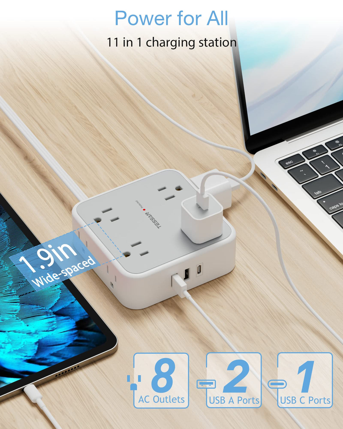 TESSAN top view showing three-sided outlet layout to avoid blocking adjacent plugs