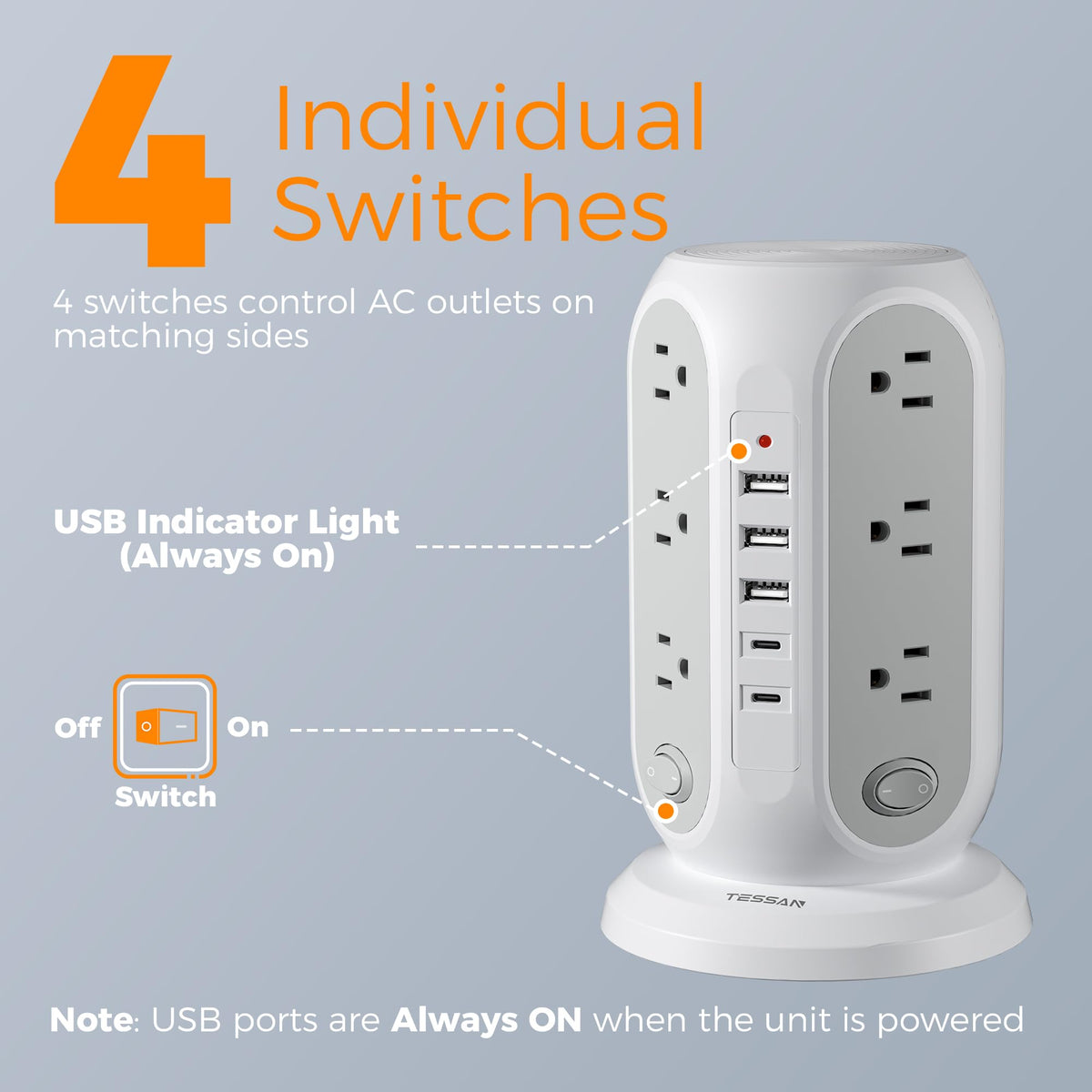 TESSAN top-down look at 12 AC outlet layout minimizing adapter overlap