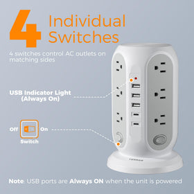 TESSAN top-down look at 12 AC outlet layout minimizing adapter overlap