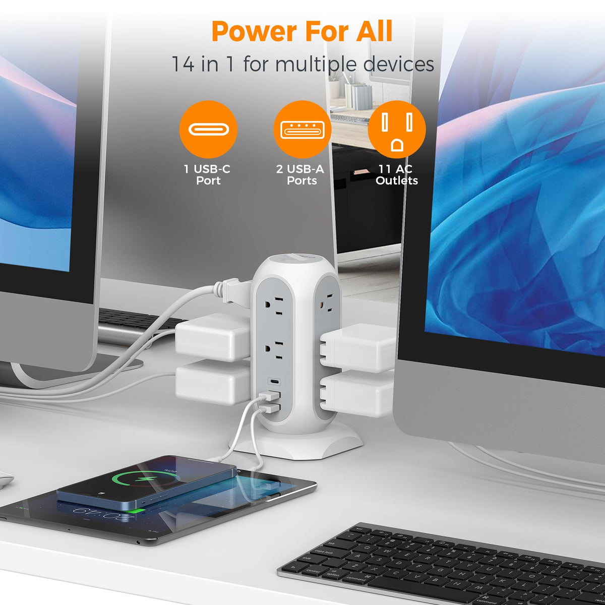 TESSAN top view of USB‑A and USB‑C ports plus AC outlets for simultaneous fast charging