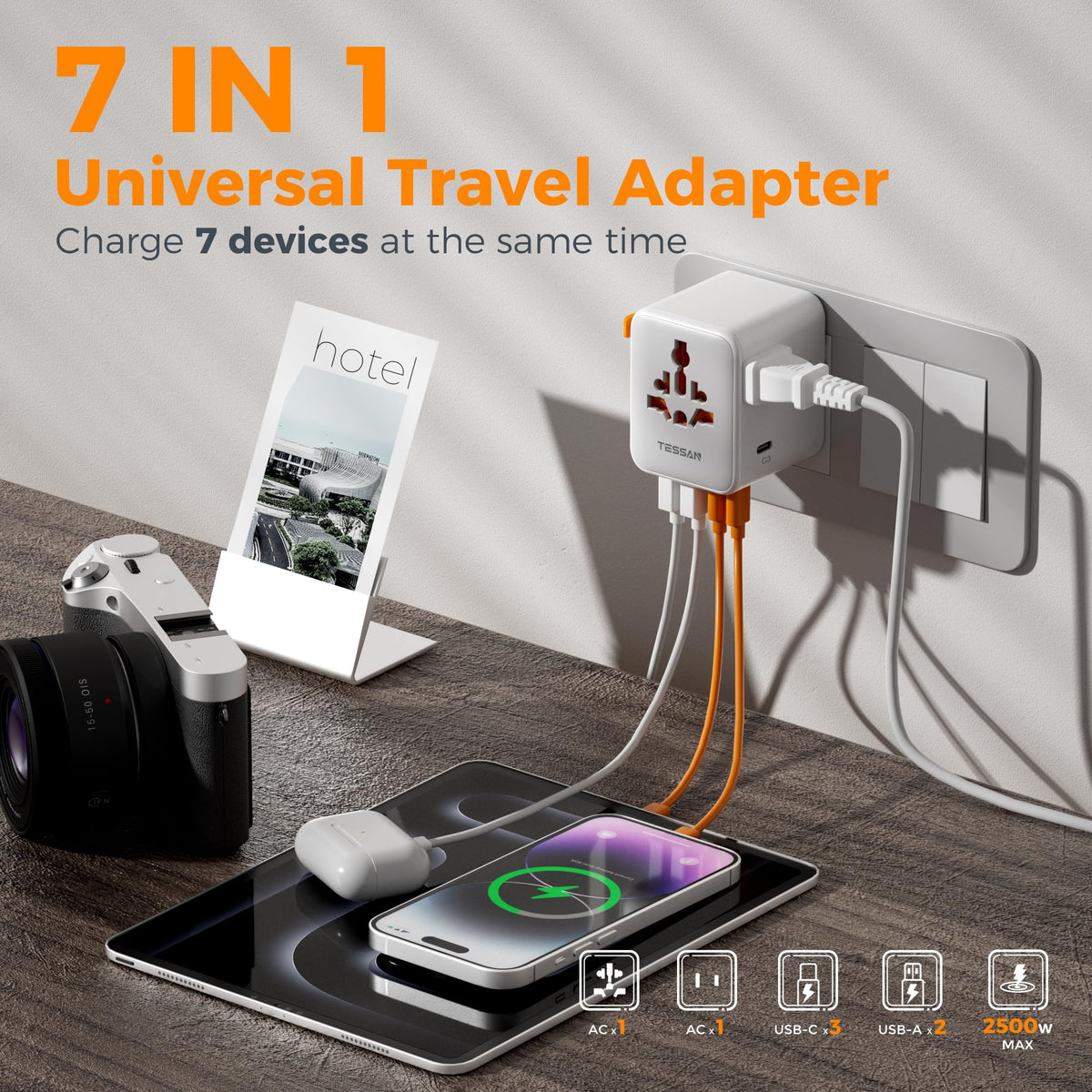 TESSAN close-up of three USB-C ports delivering fast charging for phones and tablets