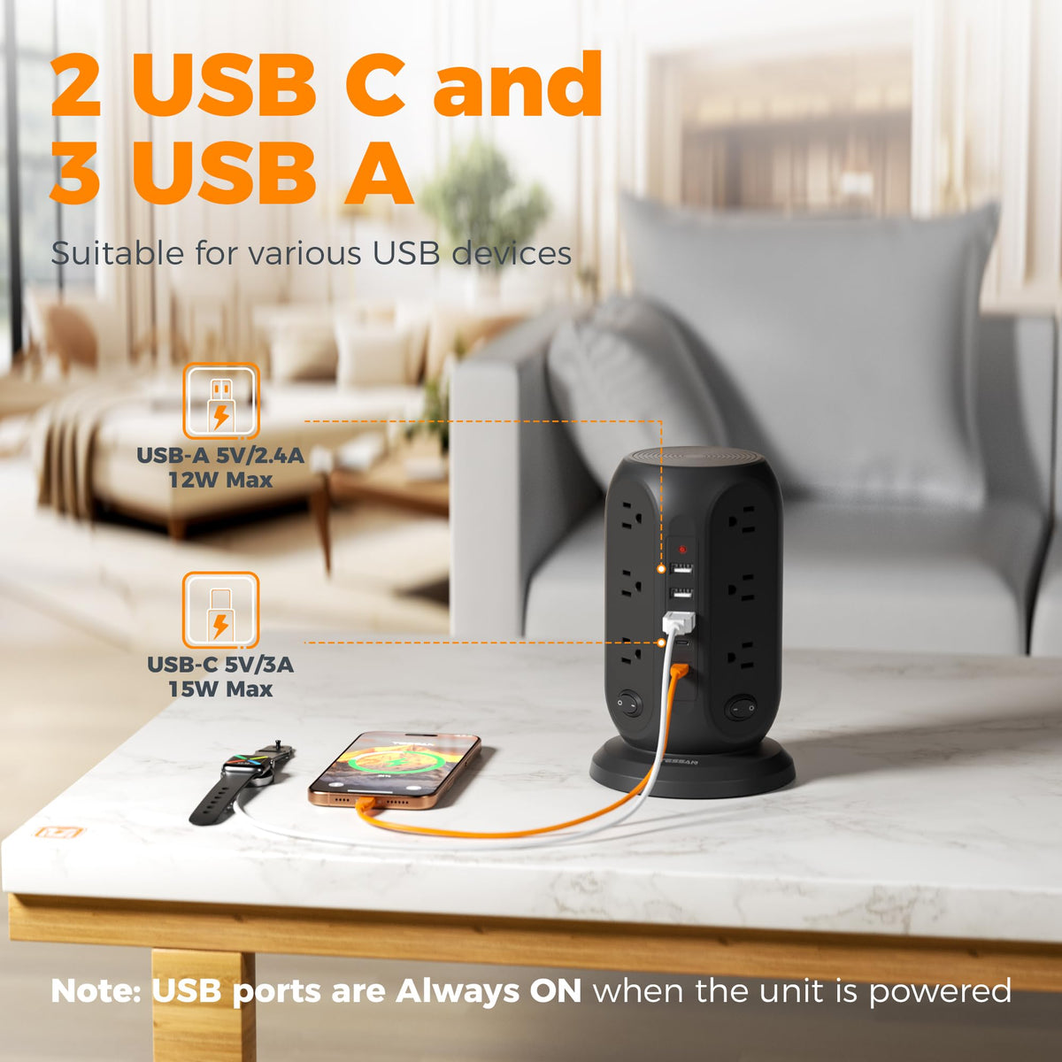 TESSAN placed behind TV demonstrating flat plug access in tight spaces benefit