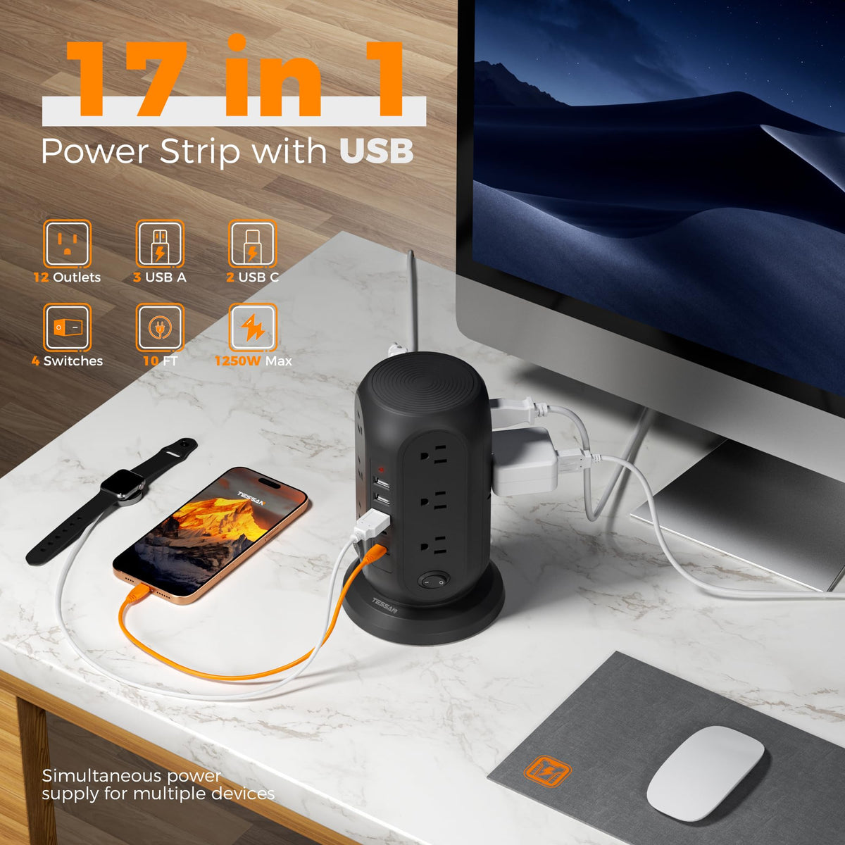 TESSAN ultra‑thin flat plug and 10 ft cord fitting behind furniture benefit