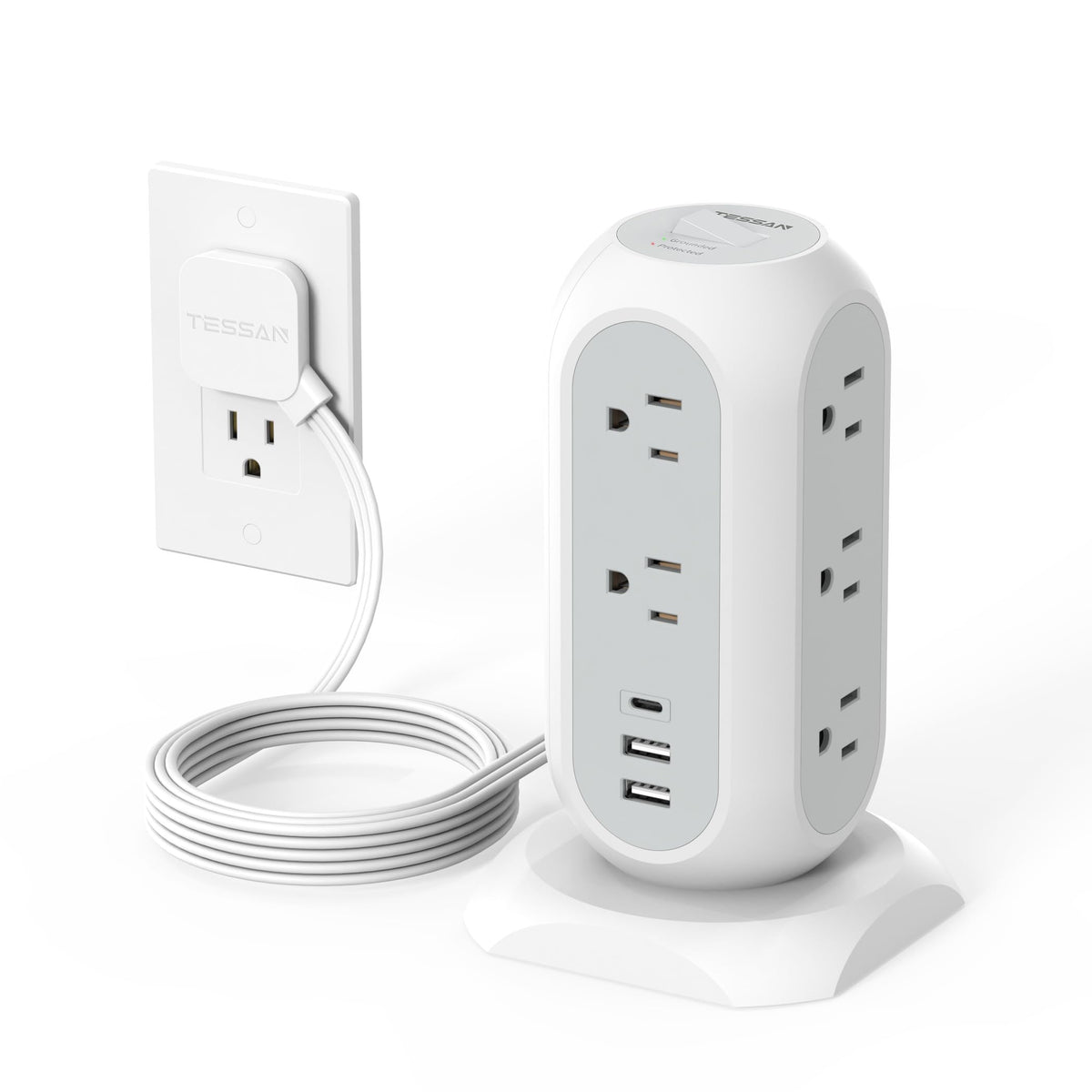 TESSAN tower front view showing outlets and compact design for organized charging