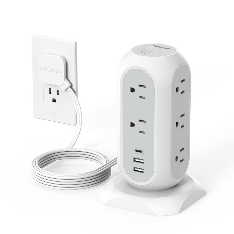 TESSAN tower front view showing outlets and compact design for organized charging