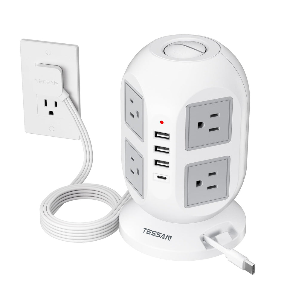 TESSAN tower front view showing outlets and USB ports for tidy charging