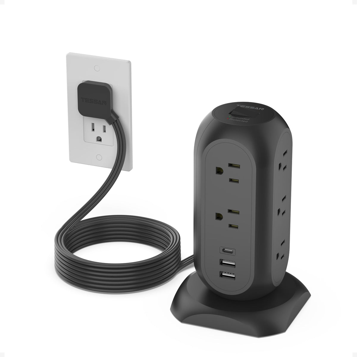 TESSAN tower front view showing outlets and compact benefit