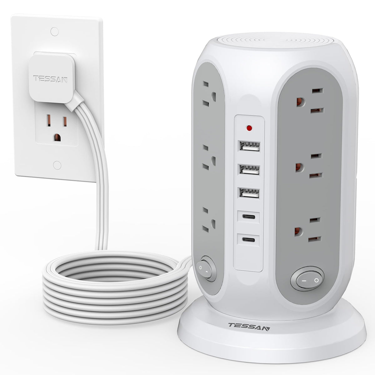 TESSAN tower front view showing all 12 outlets and tidy vertical design benefit