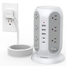 TESSAN tower front view showing all 12 outlets and tidy vertical design benefit