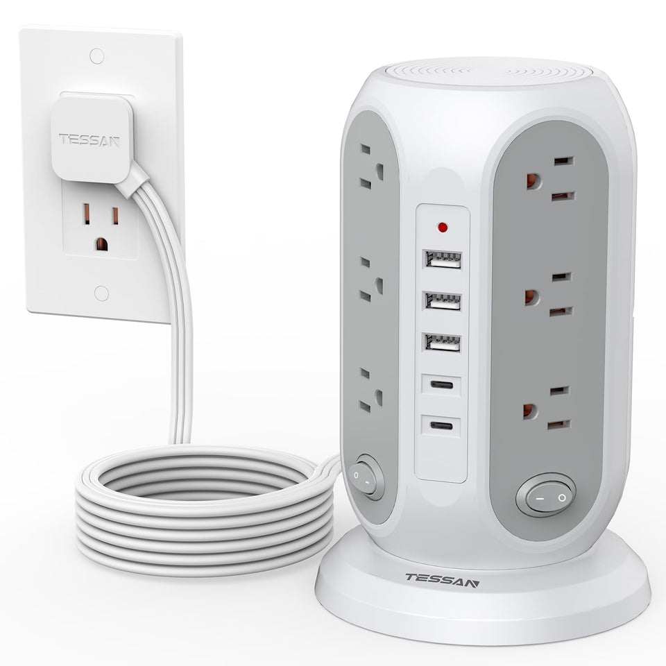TESSAN tower front view showing all 12 outlets and tidy vertical design benefit