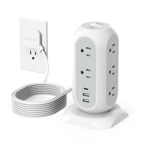 TESSAN tower front view showing outlets and USB ports for organized charging