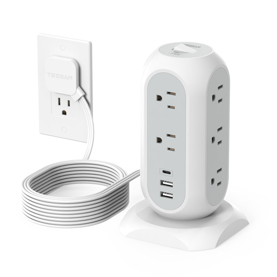 TESSAN tower front view showing outlets and USB ports for organized charging