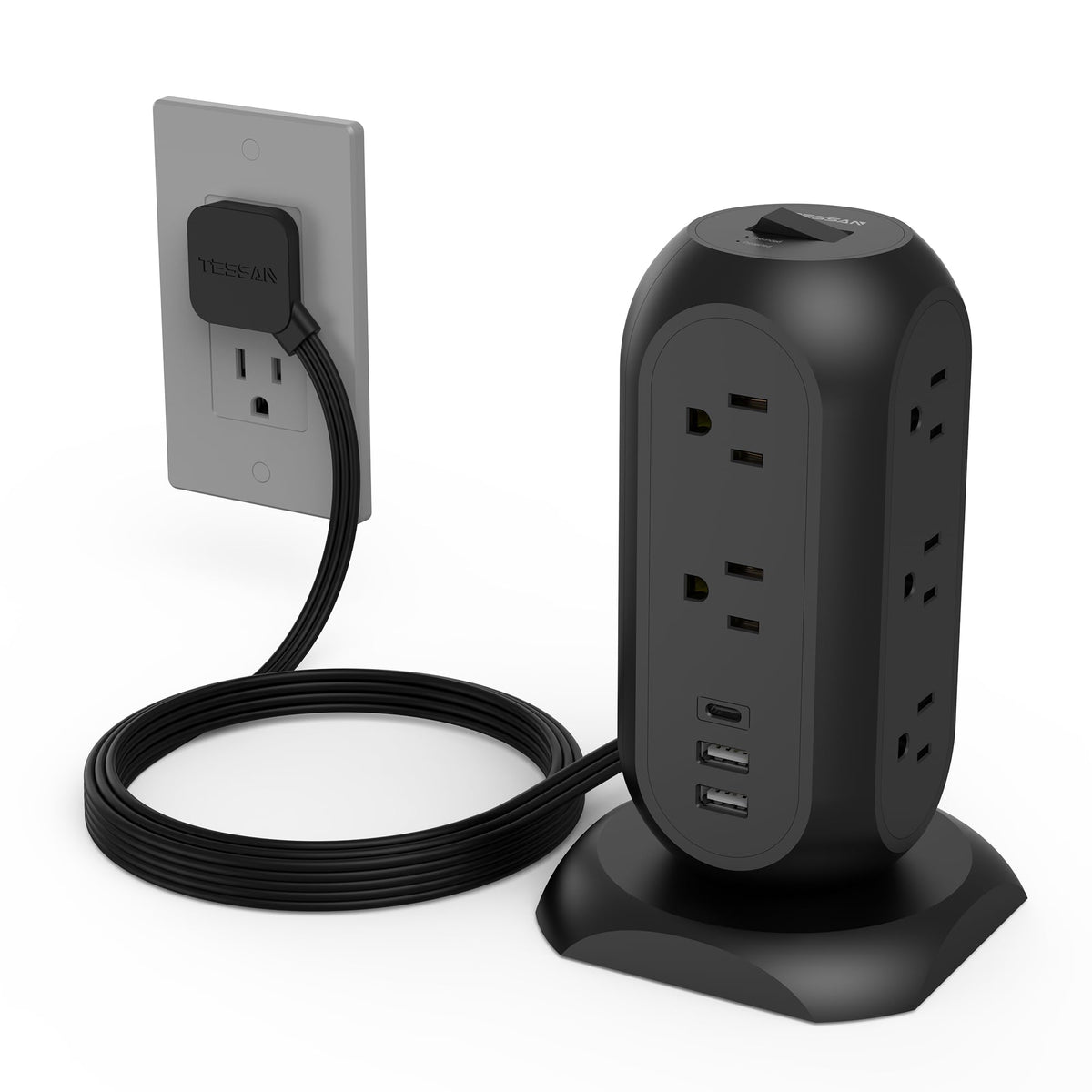 TESSAN tower front view showing 11 outlets and three USB ports for organized charging