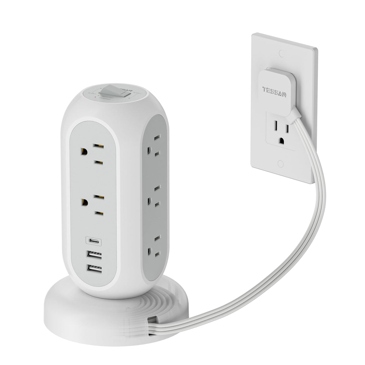 TESSAN front view of tower power strip showing multiple outlets and switch for organized charging