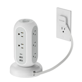 TESSAN front view of tower power strip showing multiple outlets and switch for organized charging