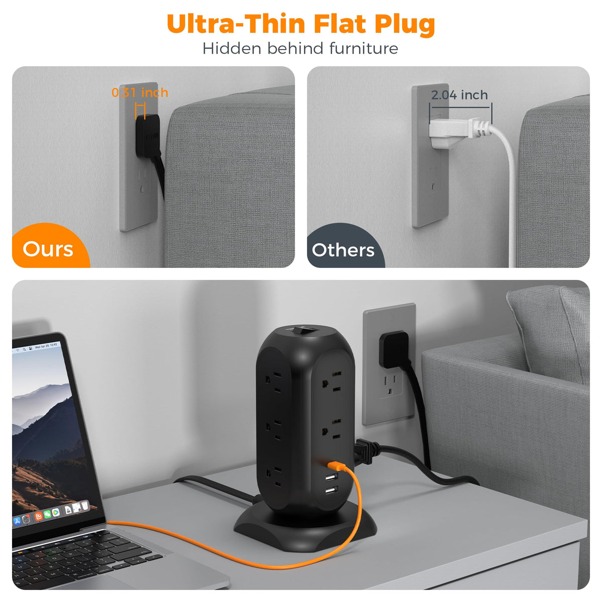 TESSAN outlet detail showing vertical arrangement that prevents bulky plugs from blocking