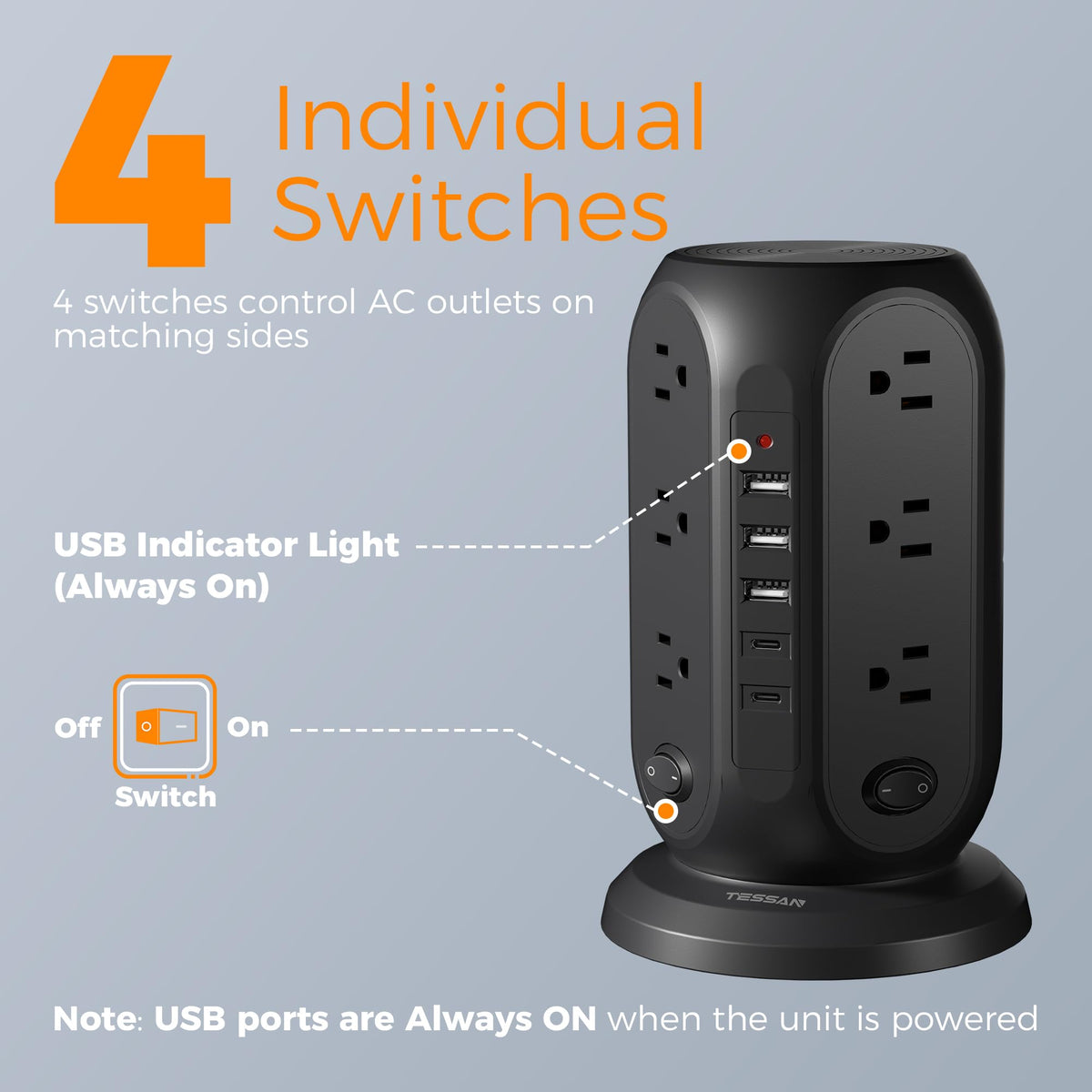 TESSAN closeup of individual side switches for easy zone control benefit