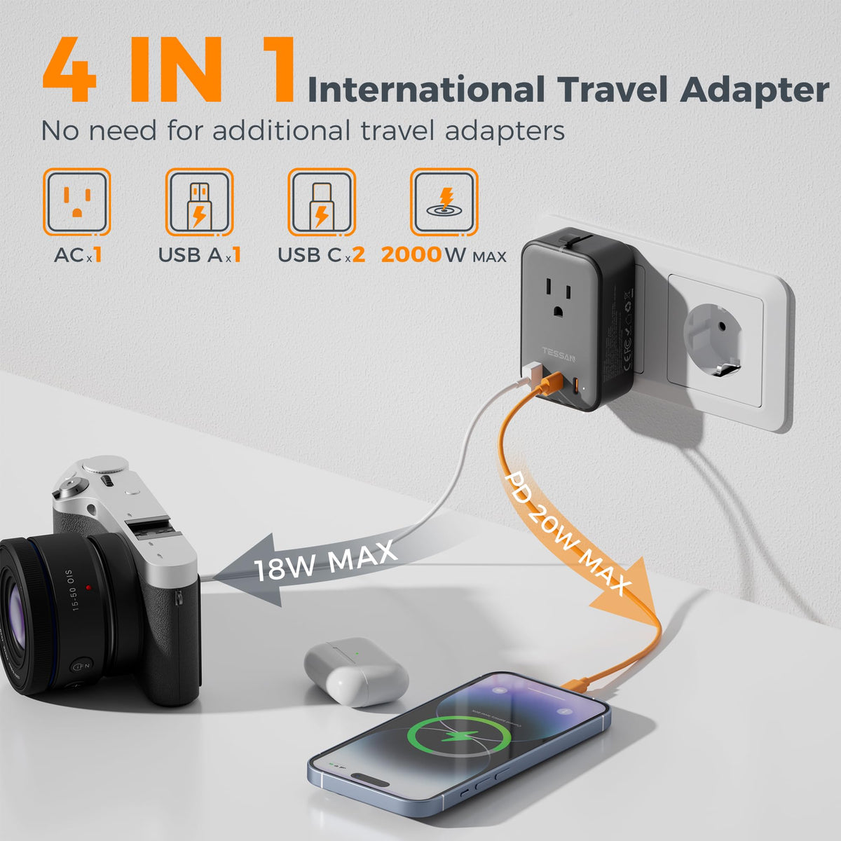 TESSAN Travel Adapter 009 four-in-one design supporting four devices simultaneously.