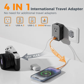 TESSAN Travel Adapter 009 four-in-one design supporting four devices simultaneously.