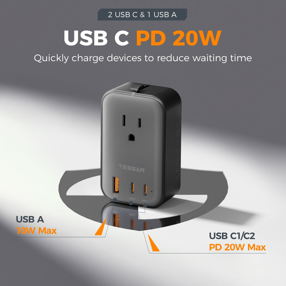 TESSAN Travel Adapter 009 ultra-thin profile fit for luggage and bags.