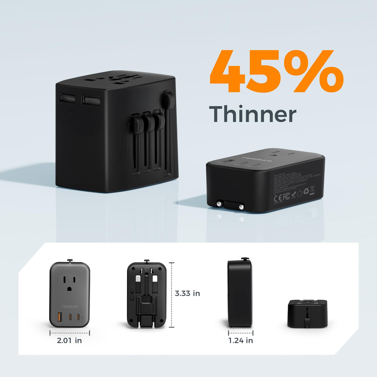 TESSAN Travel Adapter 009 USB-A port powers devices quickly.