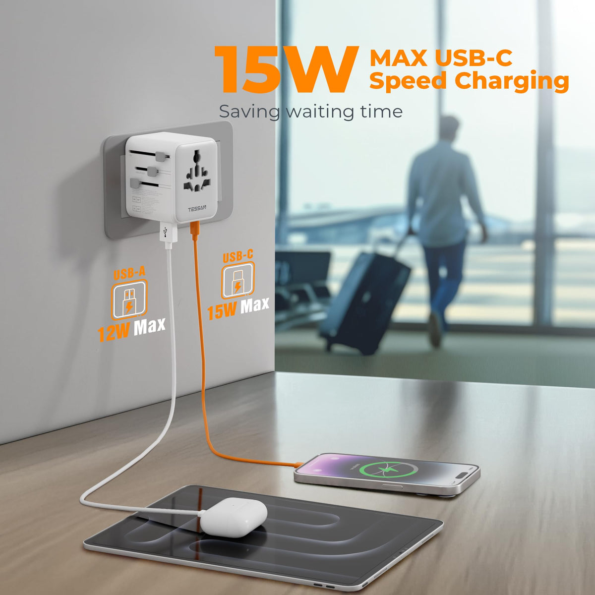 TESSAN 6-in-1 adapter featuring an AC outlet and several ports for international trips.