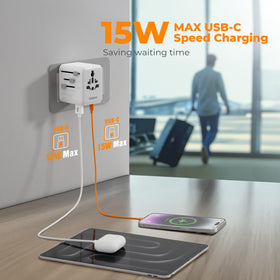 TESSAN 6-in-1 adapter featuring an AC outlet and several ports for international trips.