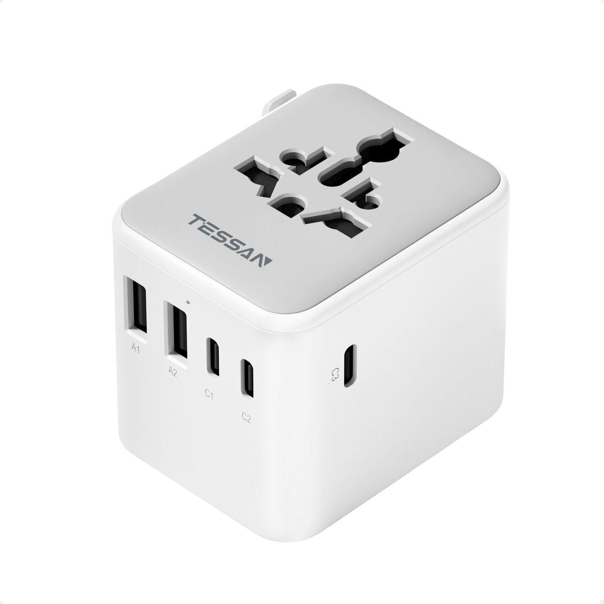TESSAN universal travel adapter with a compact design for easy packing and worldwide charging.