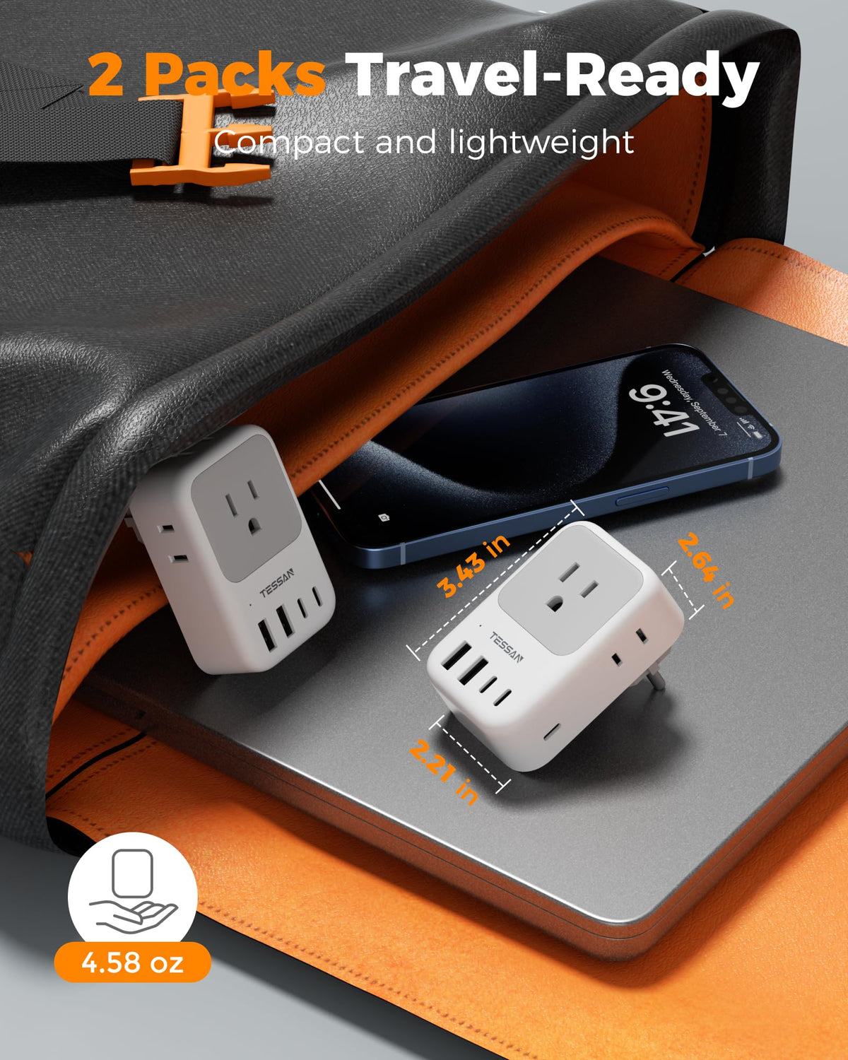 TESSAN dual-voltage-ready travel adapter supports 100-250V devices.
