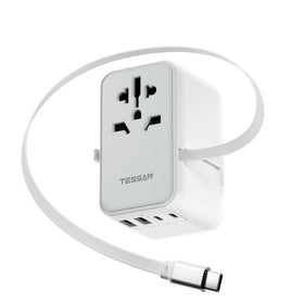 TESSAN travel adapter front view showing AC outlet and USB ports for versatile charging