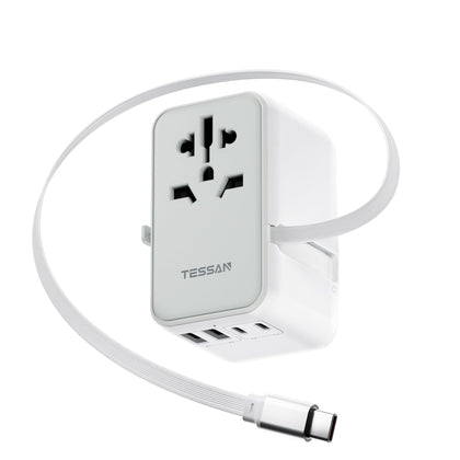 TESSAN travel adapter front view showing AC outlet and USB ports for versatile charging