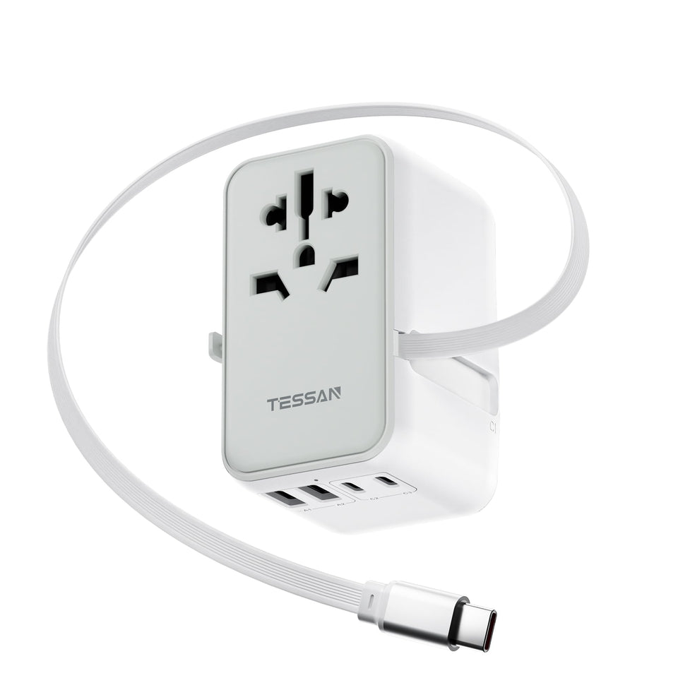TESSAN travel adapter front view showing AC outlet and USB ports for versatile charging