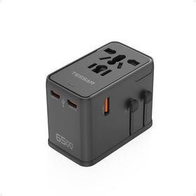 TESSAN travel adapter front view showing AC outlet and USB ports for versatile charging