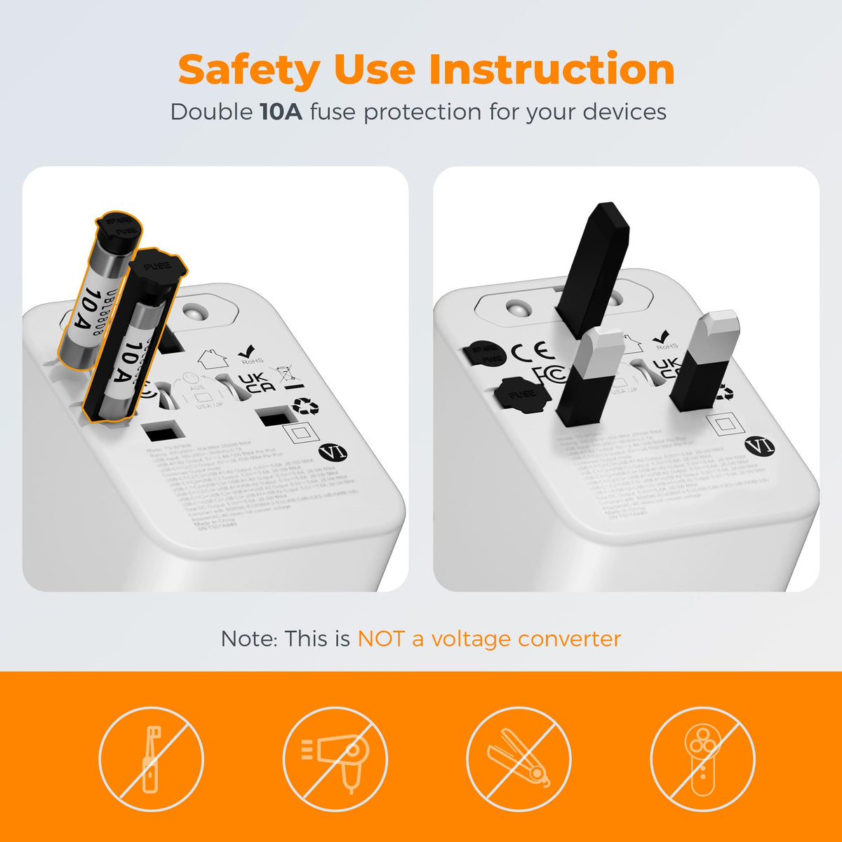 Safety features with dual fuse protection for reliable use while traveling.