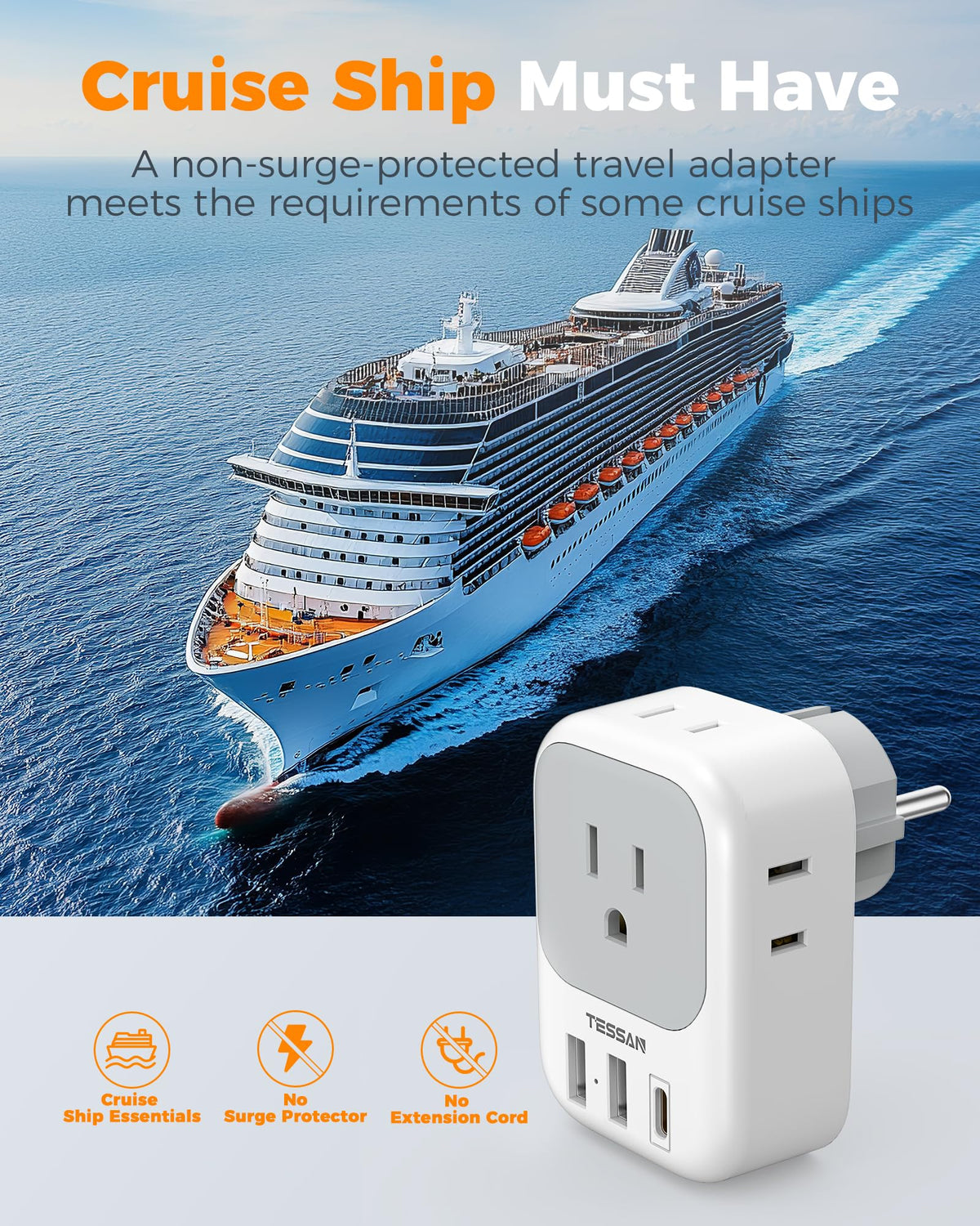 TESSAN Type E/F adapter supports multiple European outlets for global trips