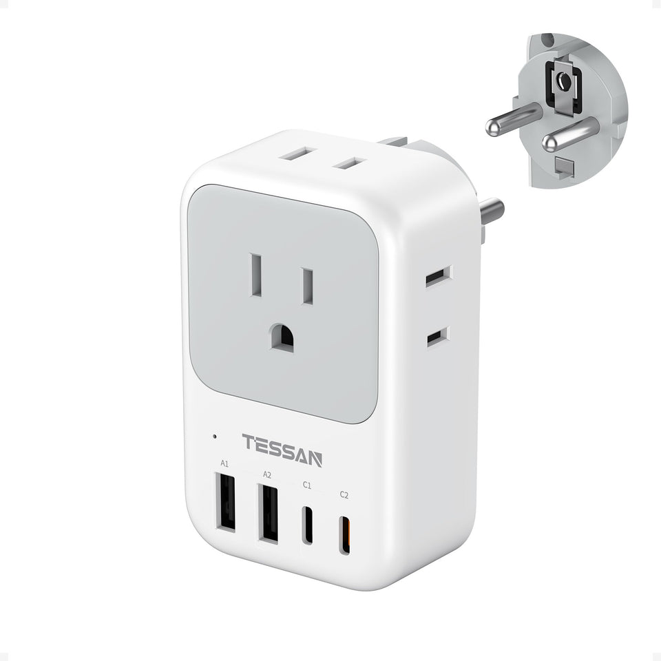 TESSAN Type E F Plug Adapter with 8-in-1 ports for international travel