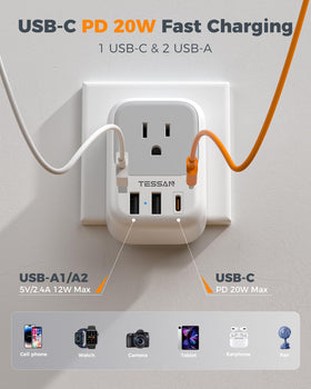 TESSAN USB-C 20W port on the E/F adapter for fast charging on the go
