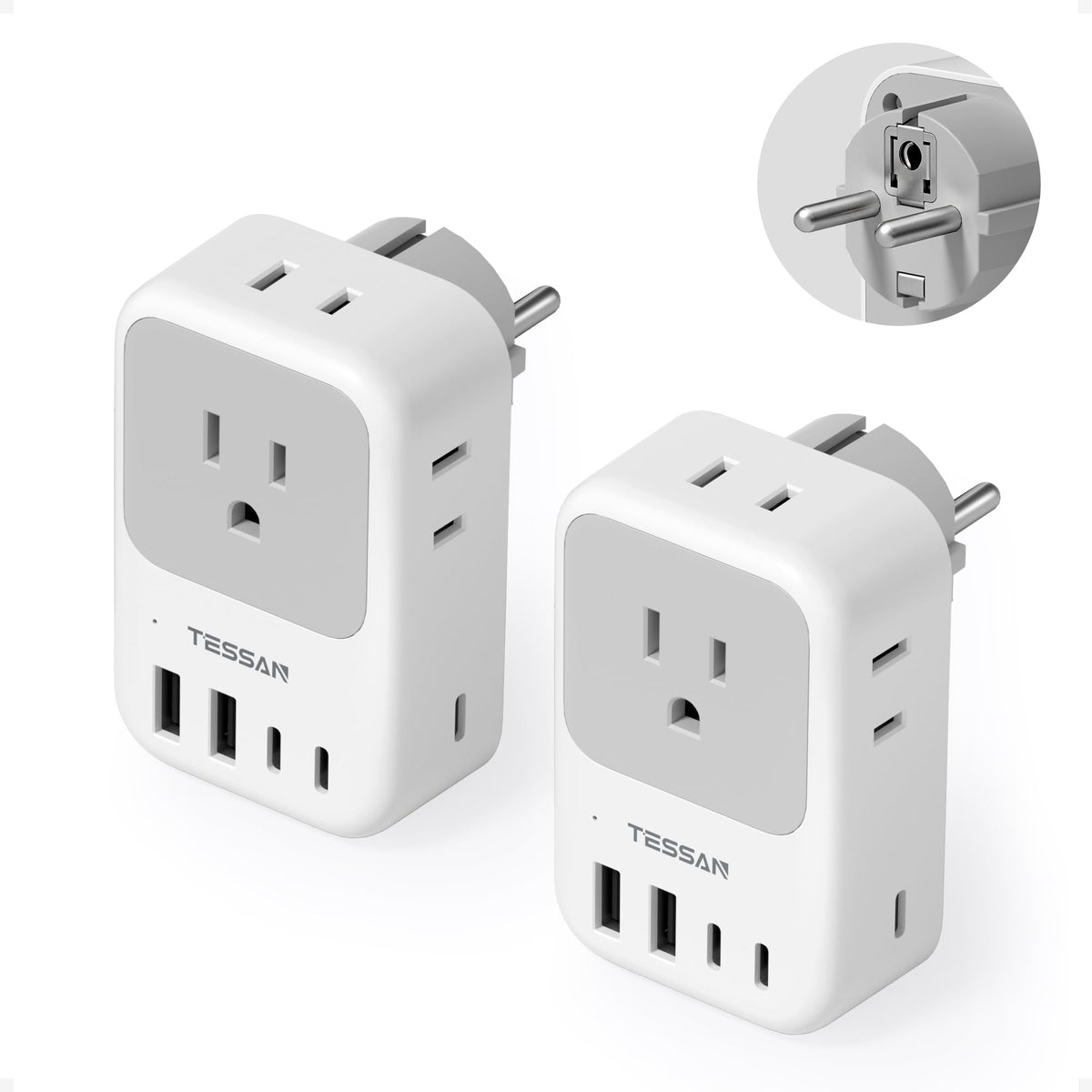 TESSAN Type-F plug adapter with four outlets for Europe to power multiple devices.